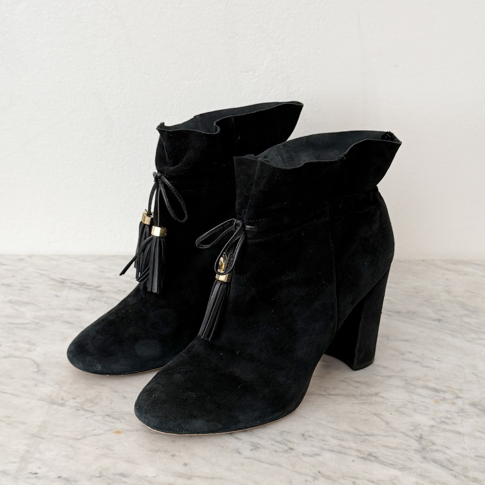 Louise et Cie Ankle Boots Suede Tassel Block Heel 8.5M Black Ruffle Slouchy